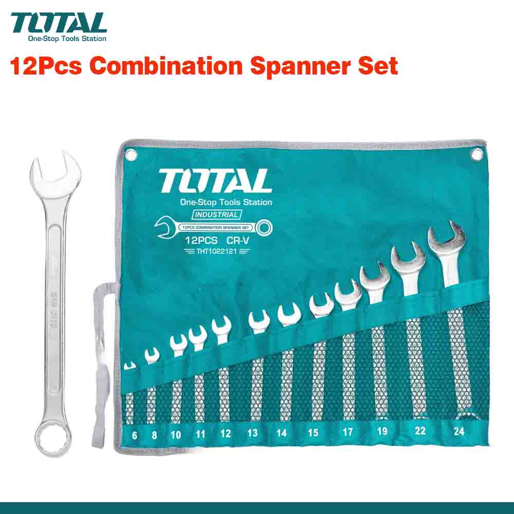 A set of 12 polished combination spanners displayed in a canvas bag, with sizes ranging from 6mm to 24mm.