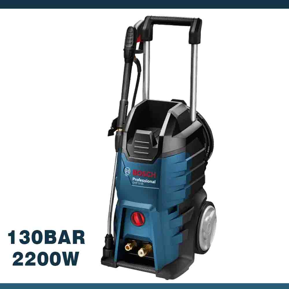 Bosch GHP 5-55 High-Pressure Washer with a blue and black color scheme, featuring a metal telescopic handle, large rubber wheels, and digital display showing 130 bar pressure and 2200W power.