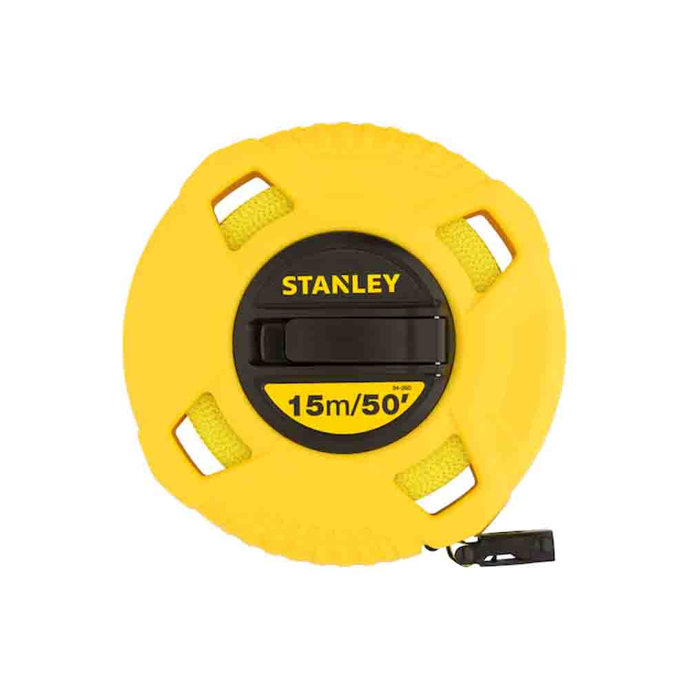 Yellow Stanley tape measure on a white background
