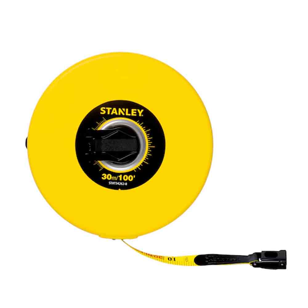Yellow tape measure with Stanley logo on a white background