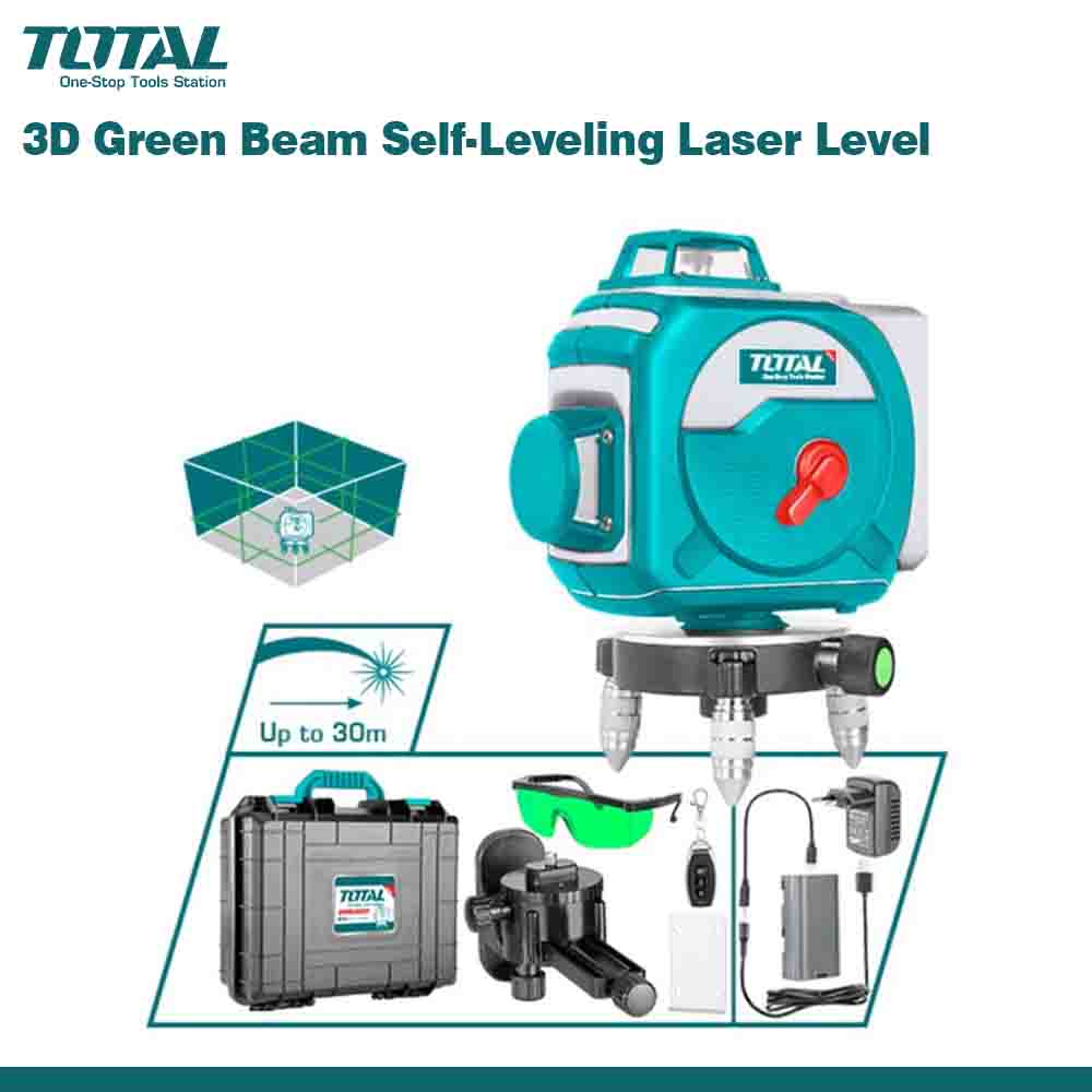 A promotional image of TOTAL High-Accuracy 360° Green Beam Laser Level with accessories including a lithium battery, safety glasses, and charger. The laser level is shown with red and green laser lines indicating its functionality.