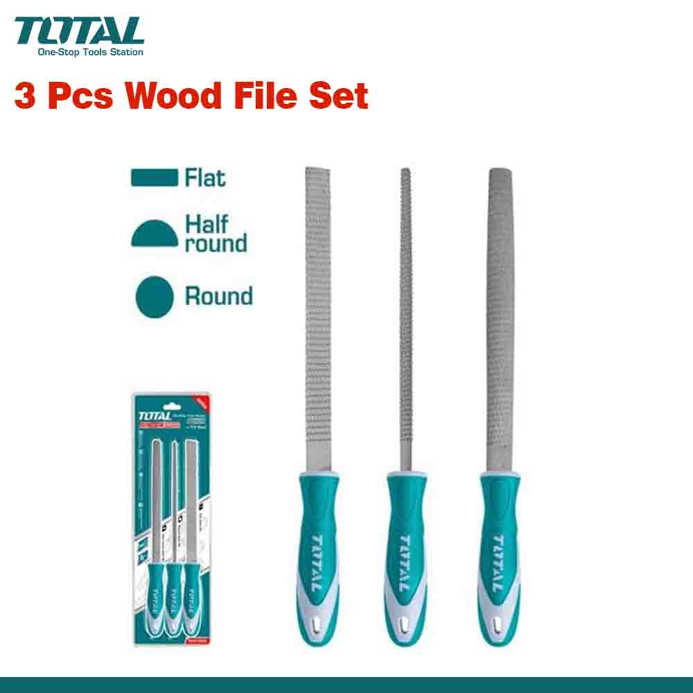 A set of three wood file tools with different shapes including flat, half-round, and round, displayed alongside their packaging which indicates the same information.