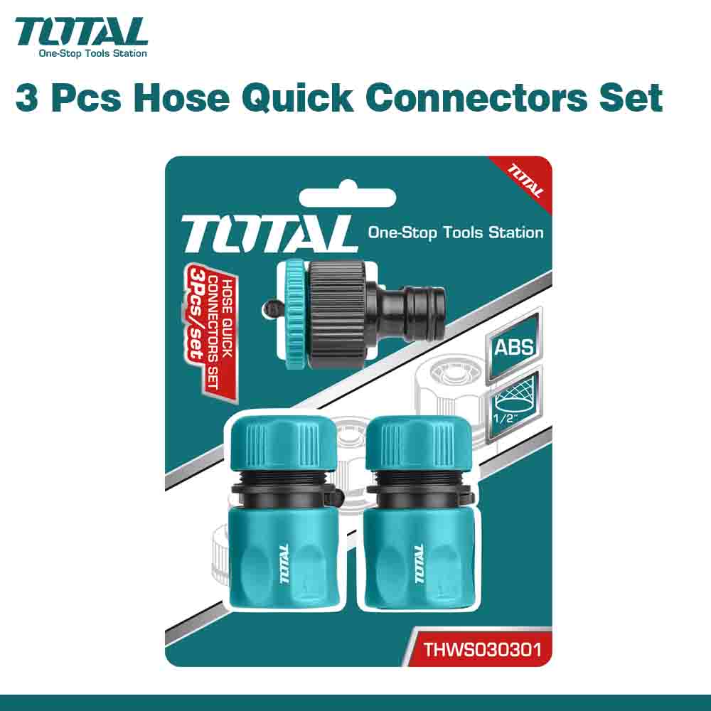 A product image featuring a 3-piece garden hose connector kit by TOTAL, displayed in its packaging which is predominantly blue and green with the product visible through a clear plastic window.