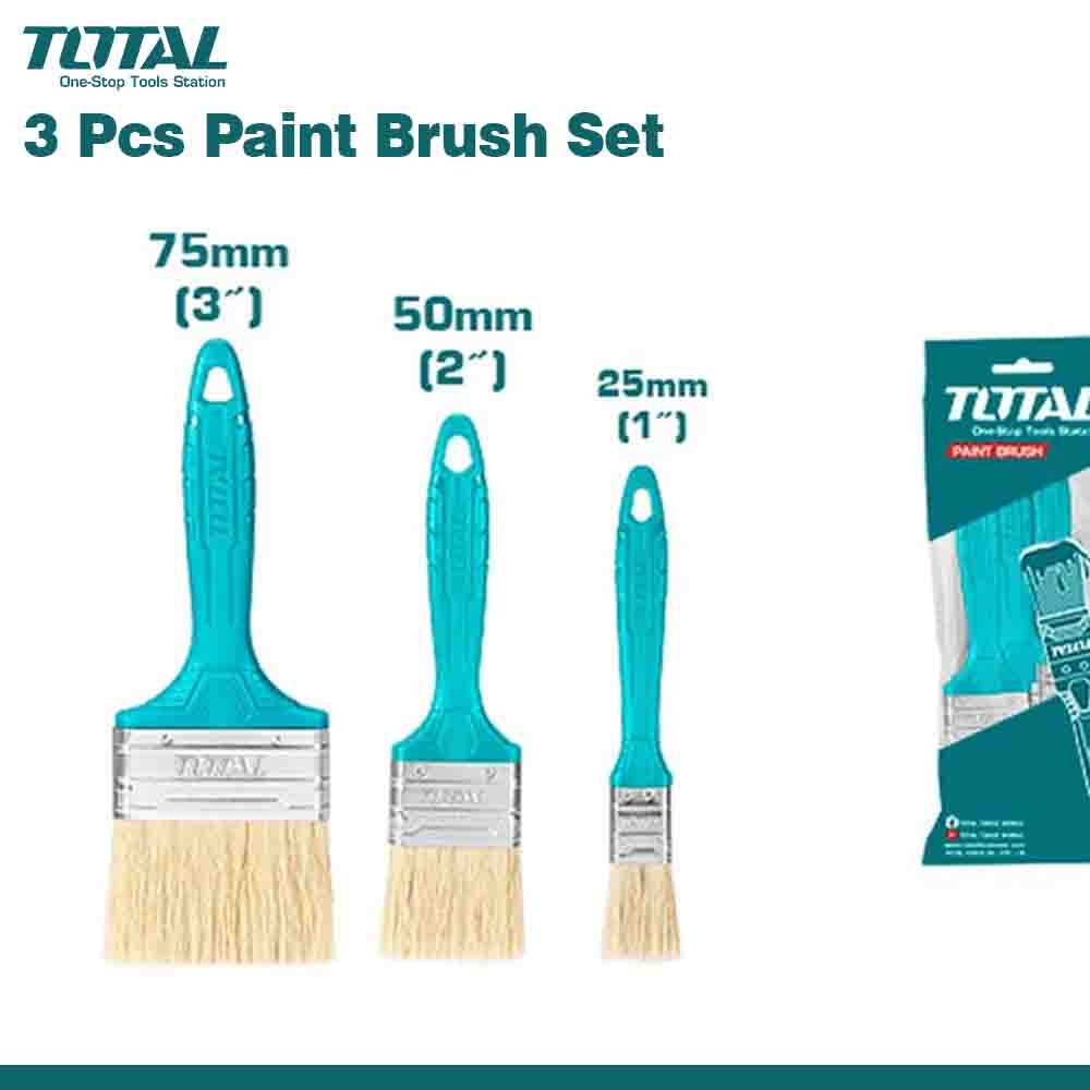 A set of three paint brushes with blue plastic handles and beige bristles, including sizes 1 inch, 2 inches, and 3 inches, with packaging.