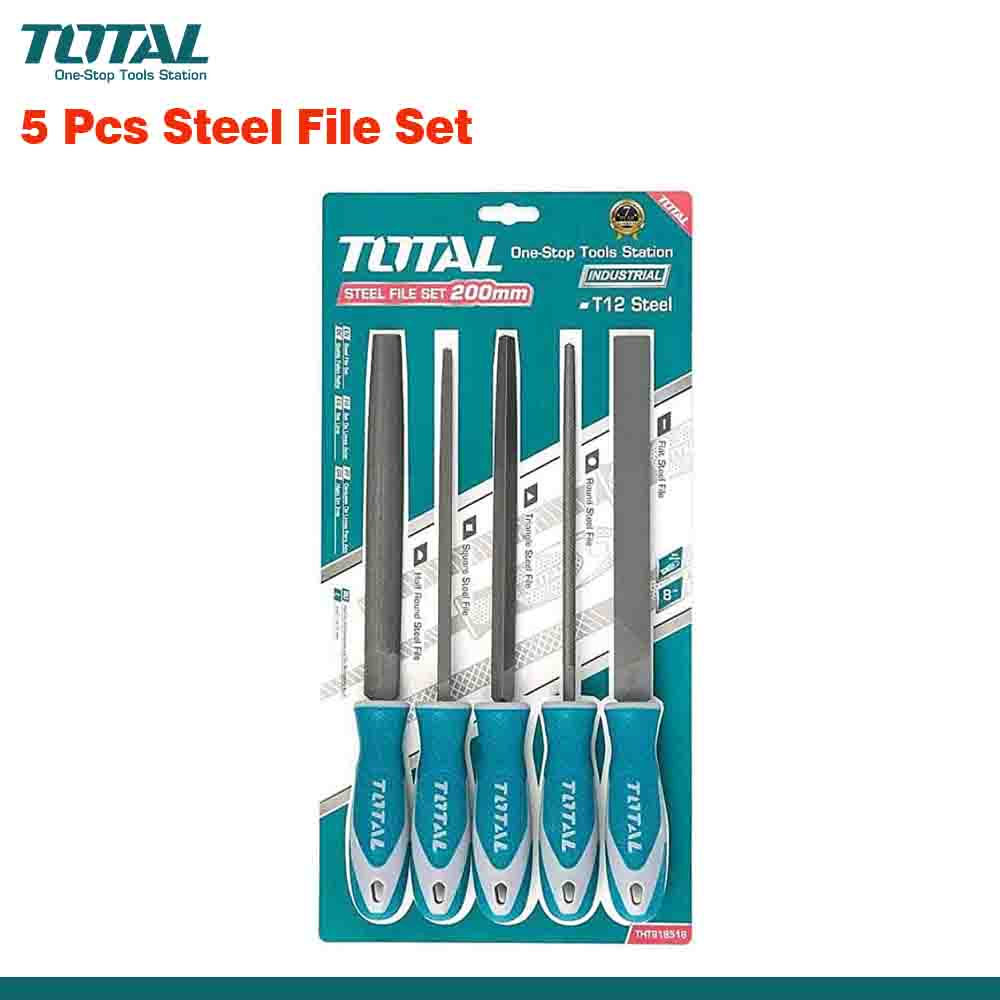 A set of five TOTAL brand steel files with different shapes including flat, half round, round, triangle, and square, packaged in a double blister pack.