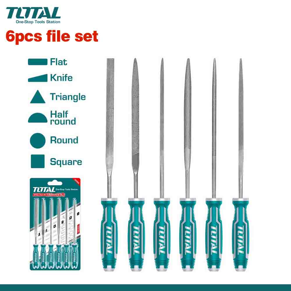 A set of six metal files with different shapes including flat, knife, triangle, half-round, round, and square, all with green handles and the TOTAL brand logo.
