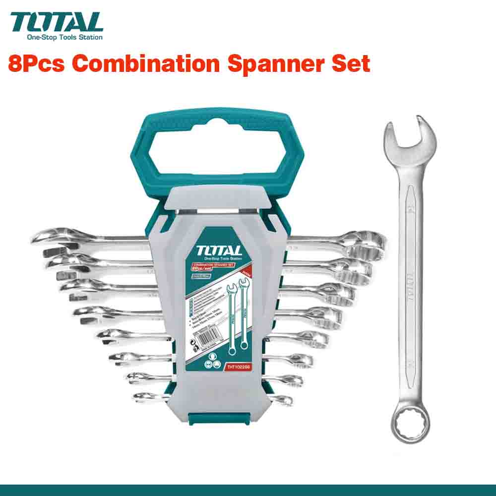 An 8-piece combination spanner set with a fine polished finish, displayed in an organized manner with the brand TOTAL visible on the packaging.