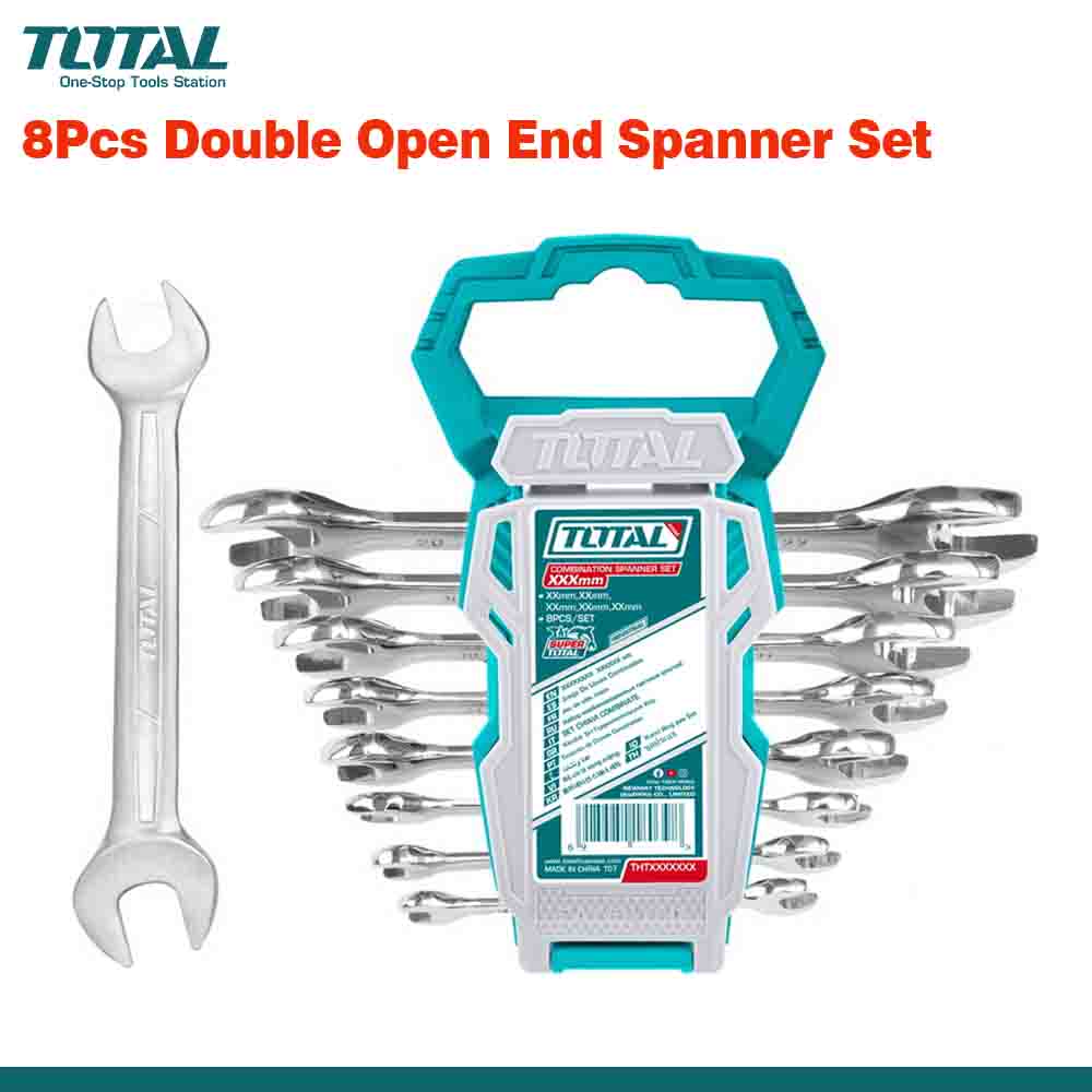 An 8-piece double open-end spanner set by TOTAL, displayed in increasing sizes from top to bottom, with a blue and silver color scheme. The set is packaged in a plastic hanger with the brand logo and product information.