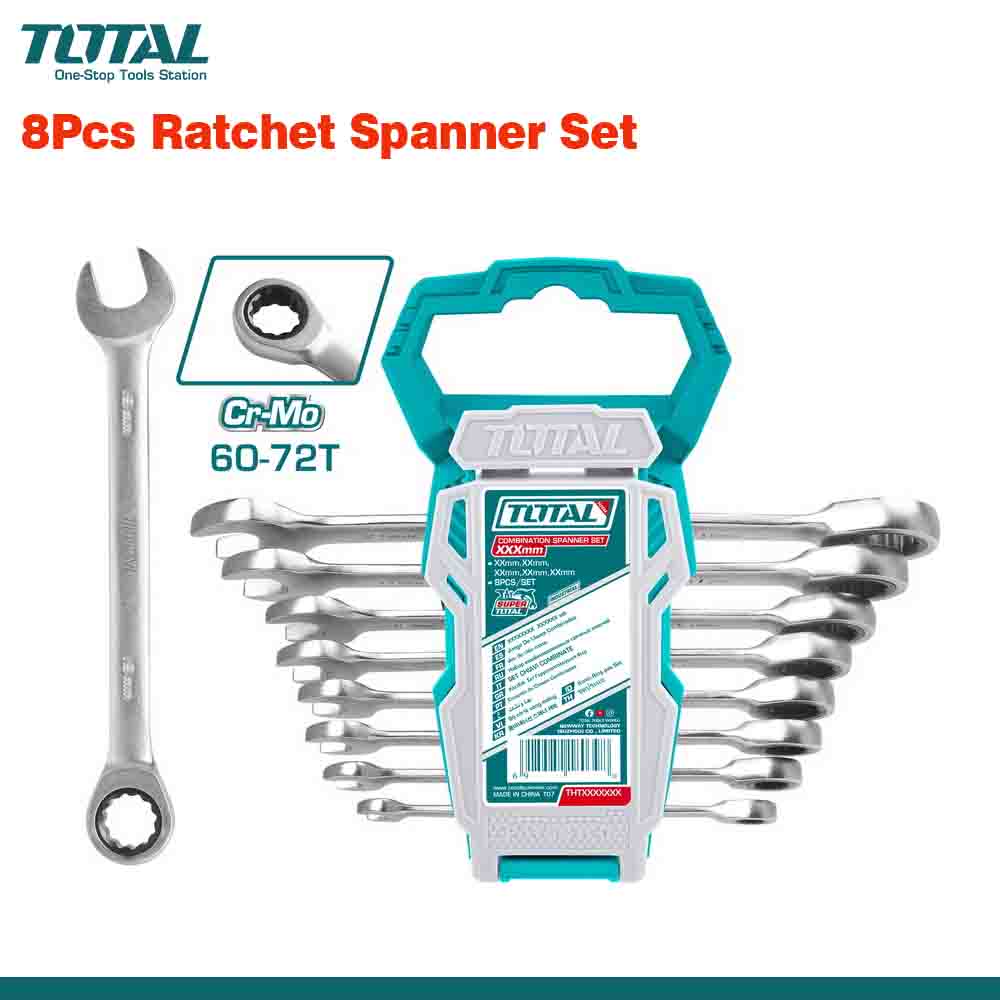 A set of 8 ratchet spanners in different sizes, with the brand TOTAL visible on the packaging. The spanners are made of chrome vanadium and are displayed in a fanned arrangement with the packaging in the center.
