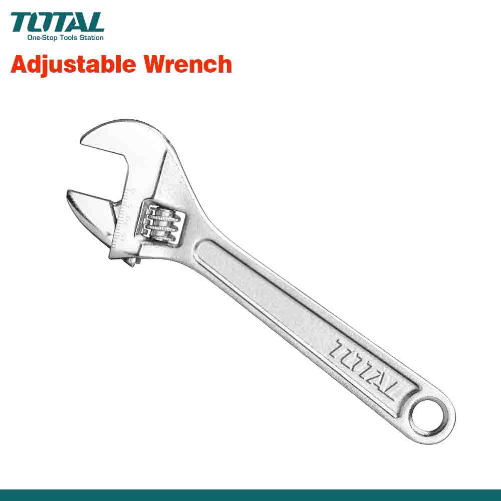 A silver-colored TOTAL adjustable wrench with a black handle, displayed against a white background.