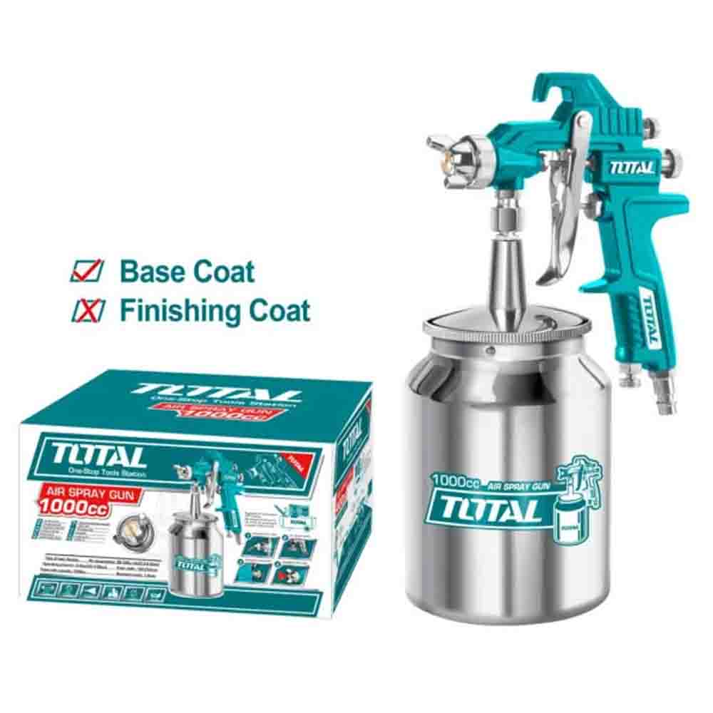 A Total brand air spray gun with a capacity of 1000cc, shown with a metallic finish coat container and a base coat canister, alongside their packaging box.