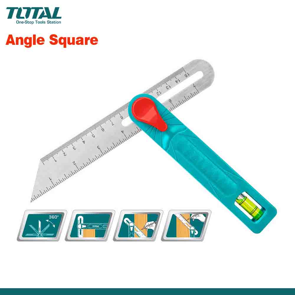 A promotional image featuring a TOTAL brand angle square ruler with a precision angle marking. The ruler has a stainless steel blade with metric and inch measurements, a width of 28mm, and is packaged horizontally with bubble packaging.