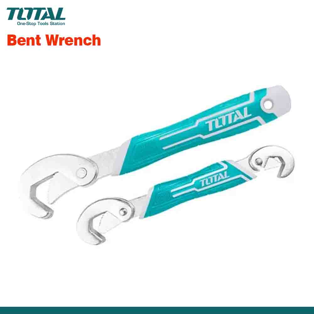 A chrome-plated, bent open-end wrench with blue and silver handles, showing double open ends and the TOTAL brand logo.