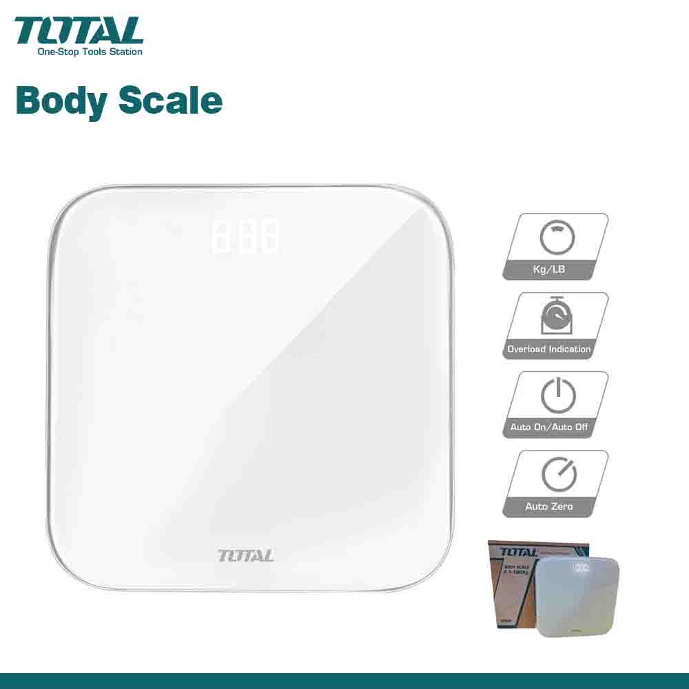 A white digital body weight scale with the brand name TOTAL displayed on the surface. The scale is square-shaped and has icons indicating features such as near field communication, Bluetooth, auto calibration, and auto zeroing.