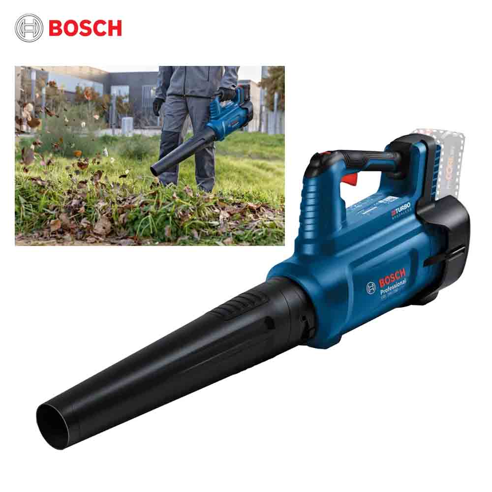 Bosch leaf blower with a person using it in a garden inset, on a white background.