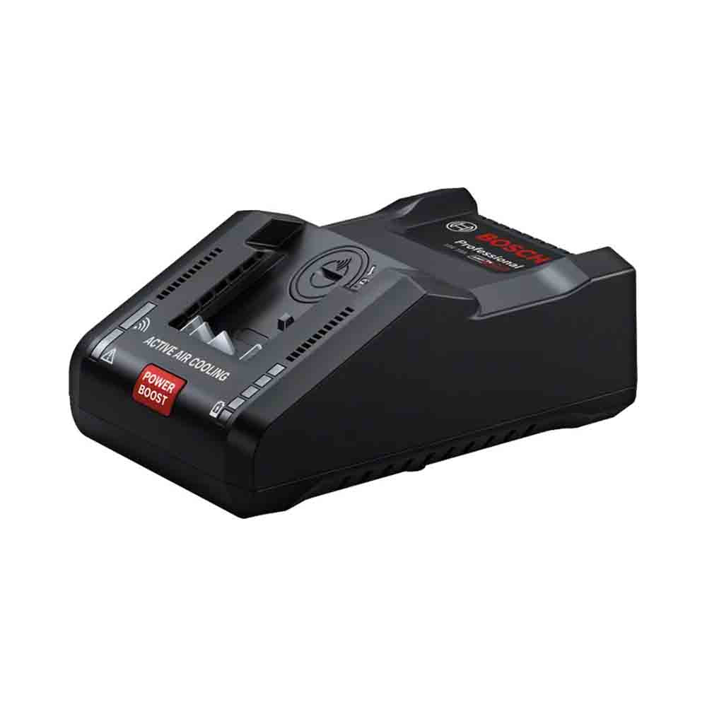 Bosch 18V battery charger, black in color, with branding and power level indicators on the front.