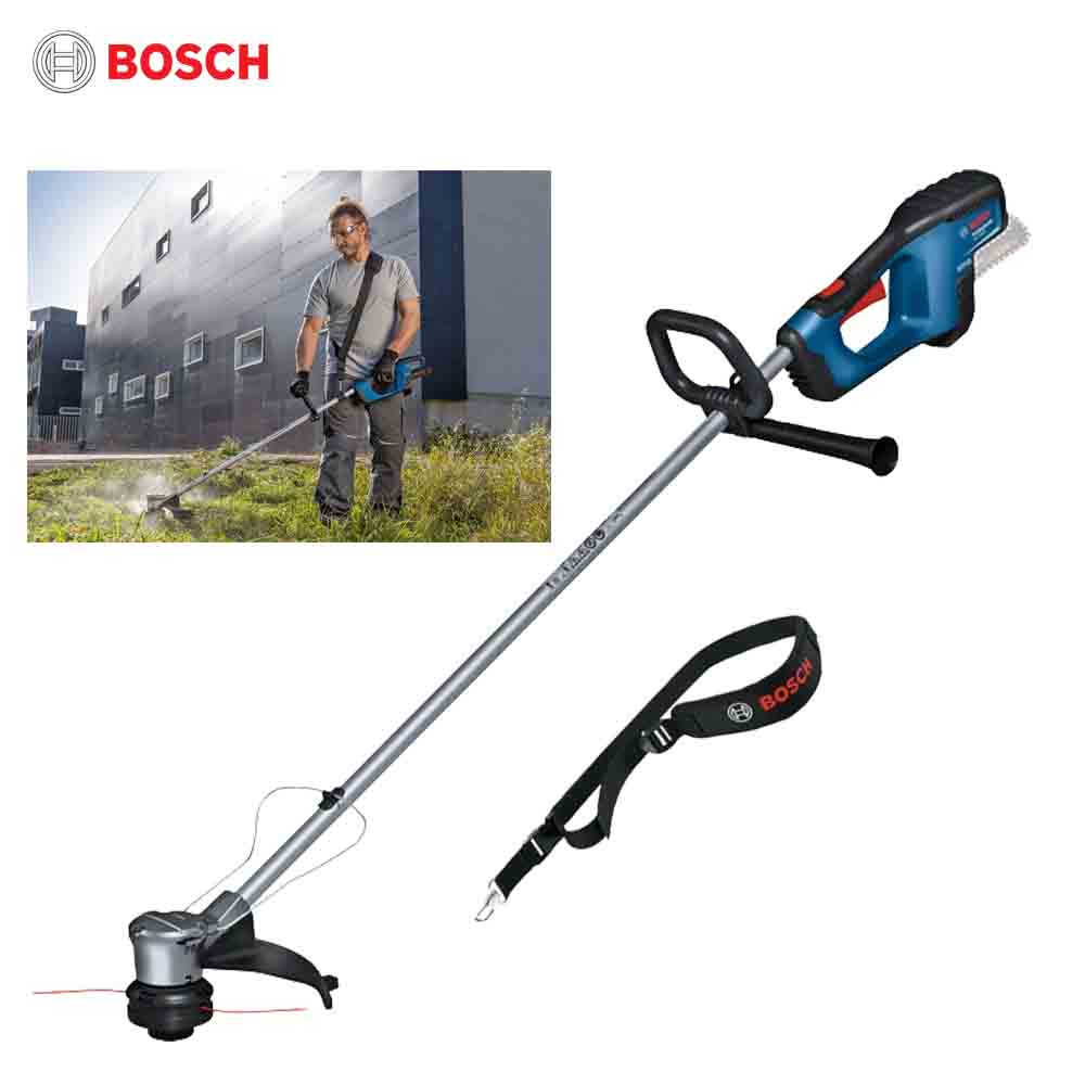 Bosch string trimmer with a person using it in an inset image on a white background