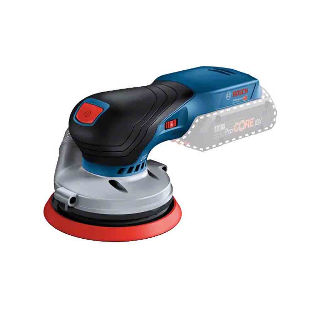 Bosch Cordless Orbit Sander with a black and blue color scheme, featuring a sanding pad and a battery compartment.