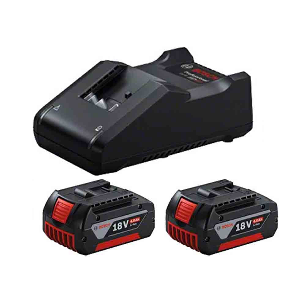 A set of two black 18V 4.0Ah batteries and a black 18V-40 professional fast charger with red accents.