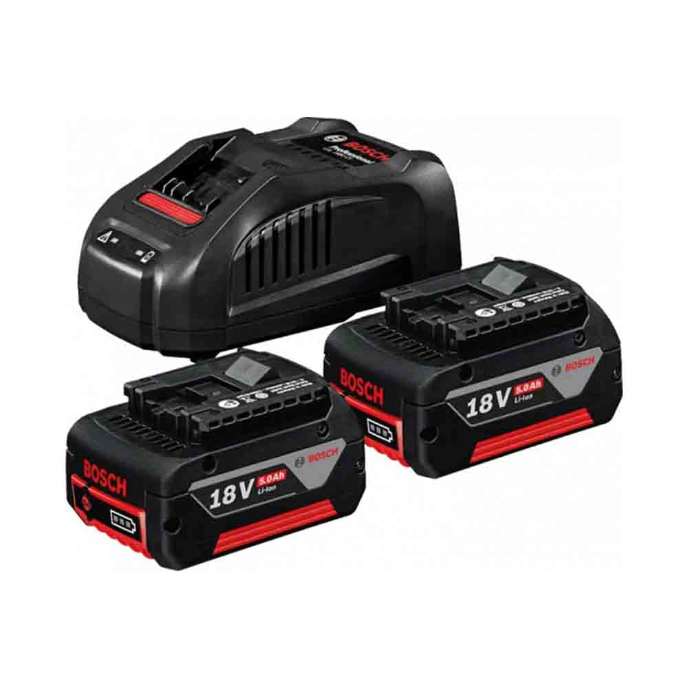 A set of two black Bosch 18V 5.0Ah batteries and a black Bosch 18V battery charger.