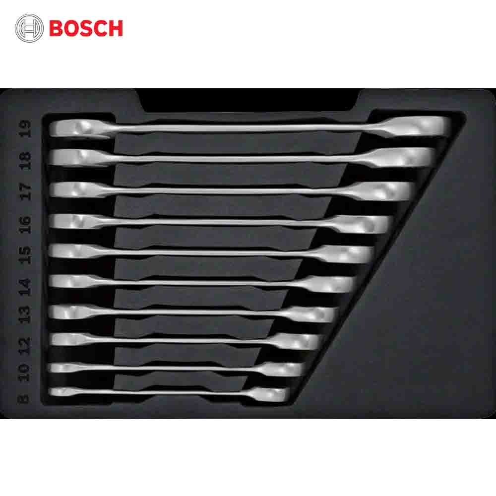 Bosch branded metal tool set on a black background
