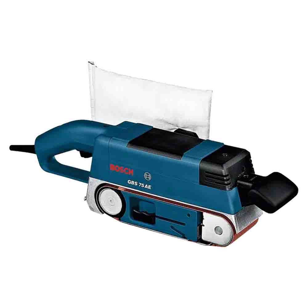Bosch belt sander, model GBS 75 AE 750W, in blue color with a white sanding surface and black details.
