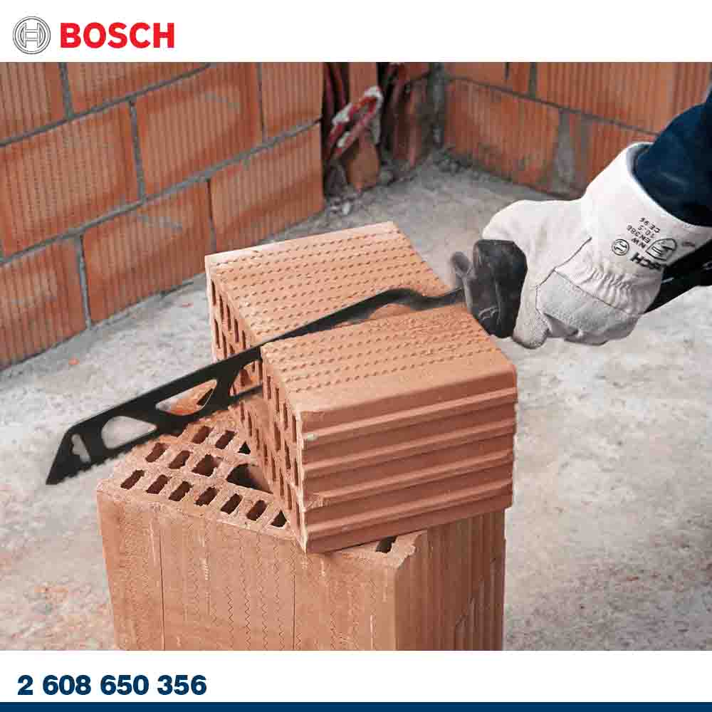 Brick cutting tool on bricks with a Bosch logo and contact number at the bottom.