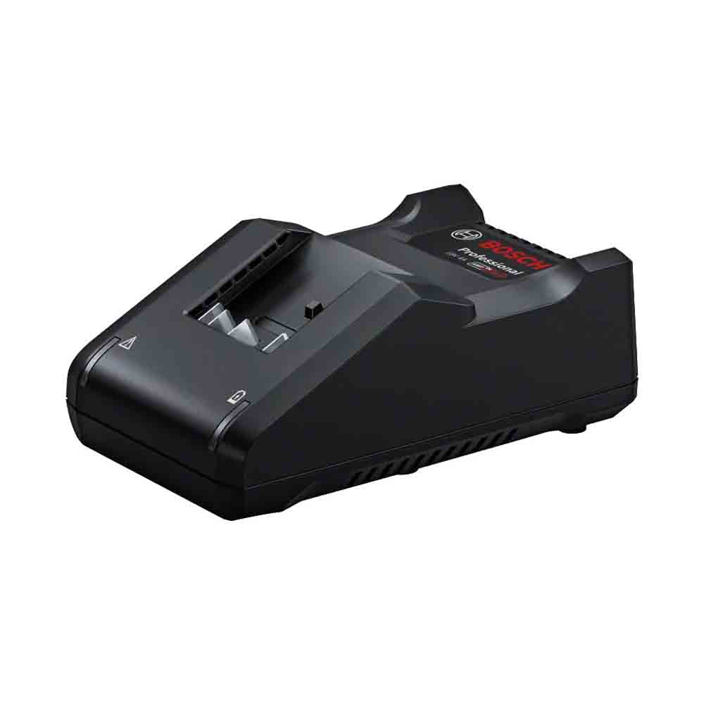 A black Bosch 18V battery charger with a compact design.