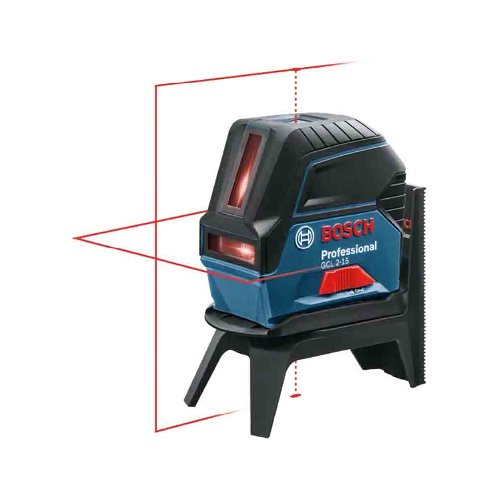 Bosch professional laser level in red line mode, showing the device's profile and the red laser lines it projects.