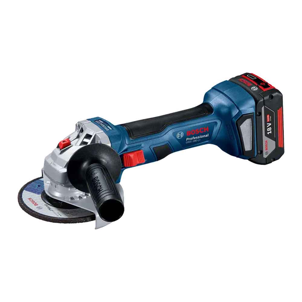 Bosch Cordless Angle Grinder GWS 180-LI with a 125mm disc diameter, shown in blue and black color with a side handle and a protective guard.