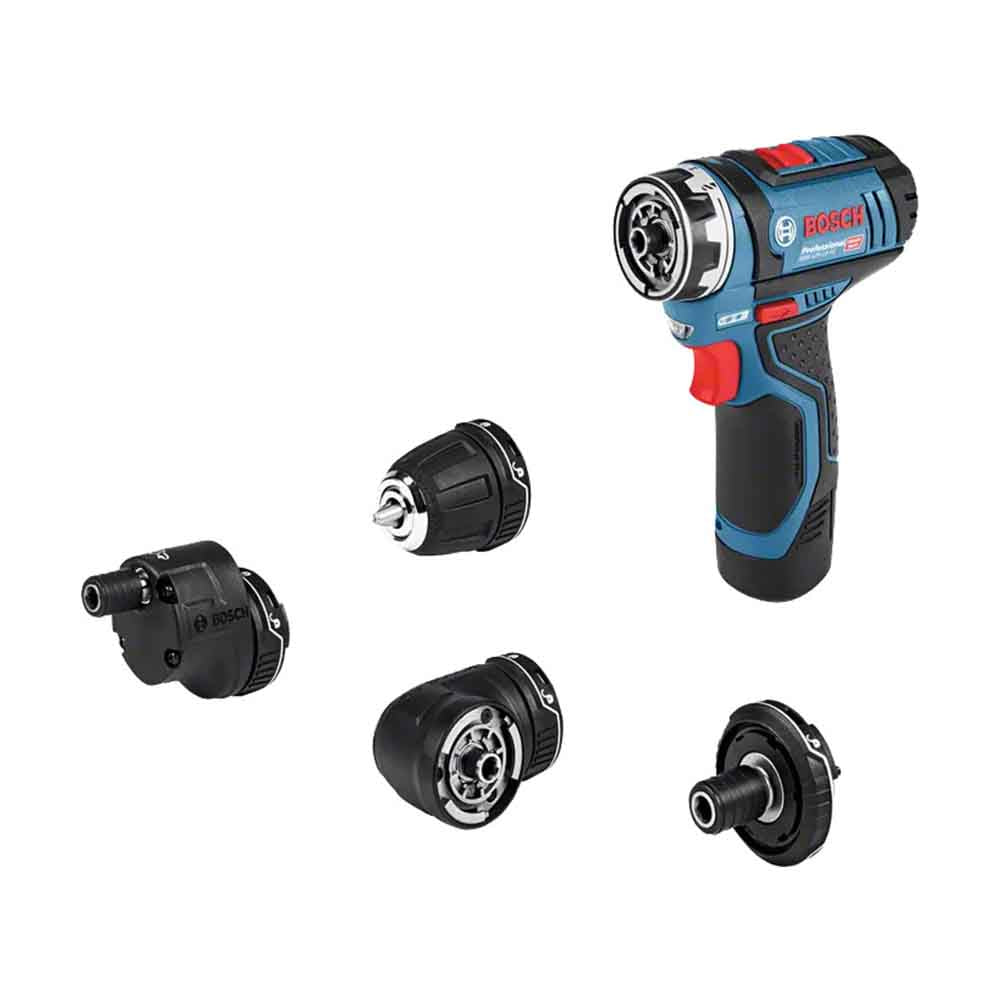 Bosch Cordless Drill Driver GSR 12V-15 FC with a black and blue color scheme, showing the drill bit, chuck, and additional accessories.