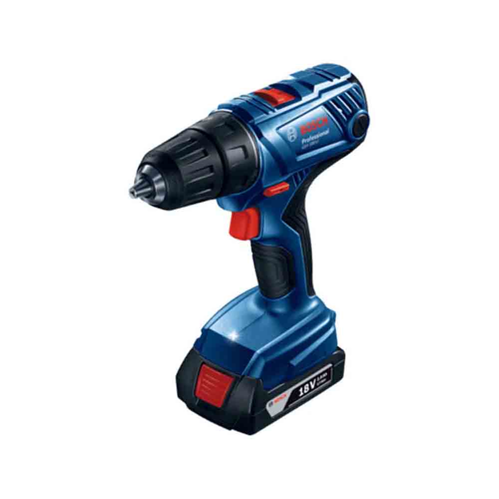 Bosch Cordless Drill Driver GSR 180-Li in blue color with a black and red handle, displayed on a white background.