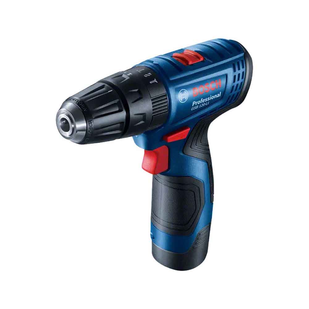 Bosch Cordless Impact Drill with a blue, black, and red color scheme, model GSB 120-Li.