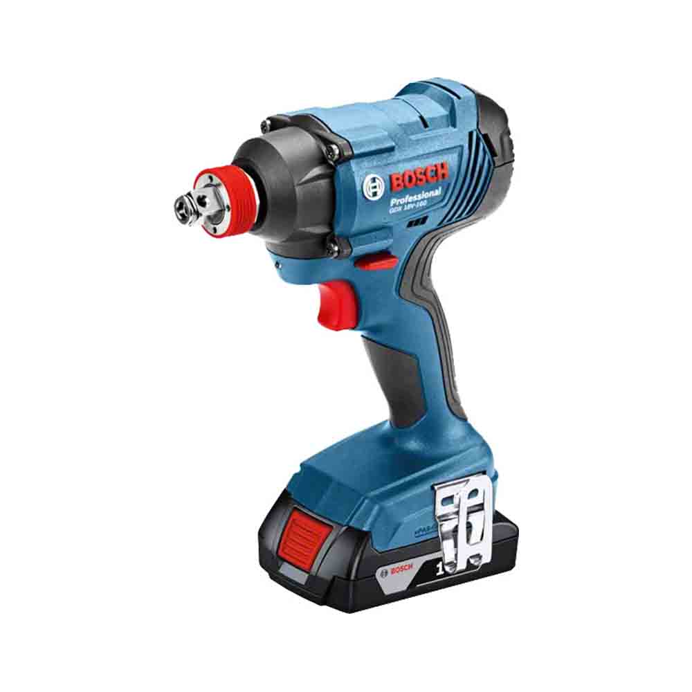 Bosch Cordless Impact Wrench GDX 180-Li in blue color with a dual bit holder, showing the tool body and the battery pack.
