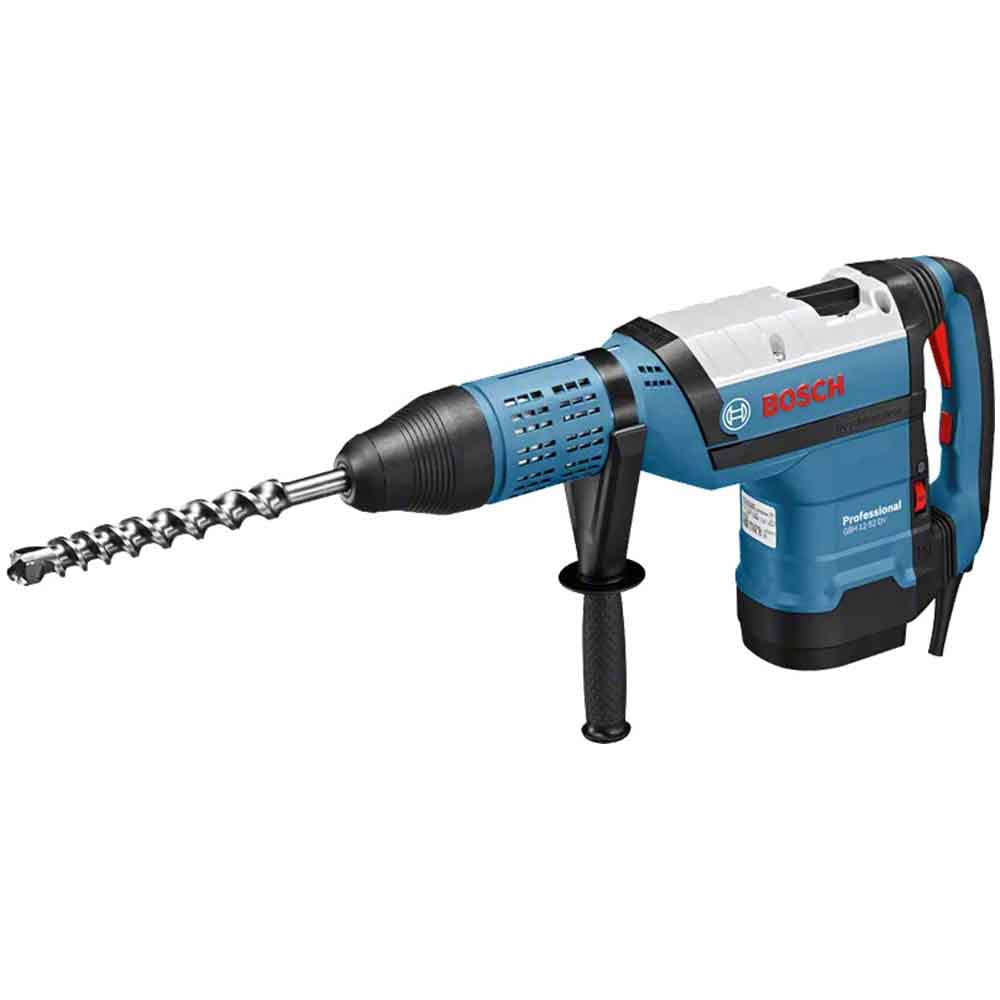 Bosch GBH 12-52 DV Rotary Hammer with SDS Max, a blue and gray power tool with a drill bit attached.