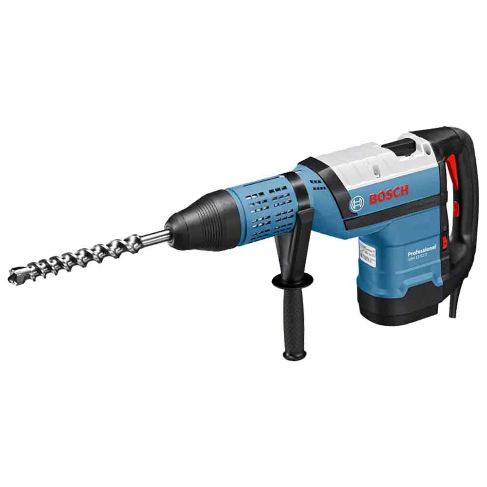 Bosch GBH 12-52 D Rotary Hammer with SDS Max, a power tool primarily in blue and white color, with a drill bit attached.