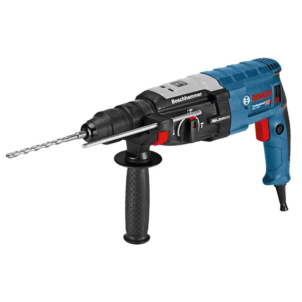 Bosch GBH 2-28F Rotary Hammer with SDS Plus 830W in blue and black color with a side handle.