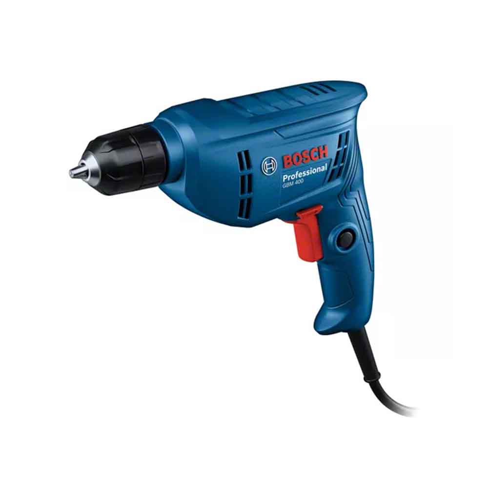 A blue Bosch GBM 400 Rotary Drill with a red switch and branding, displayed against a white background.