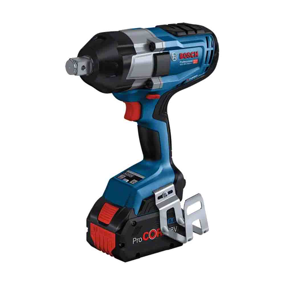 Bosch cordless impact wrench with a blue body, black accents, and a red trigger.