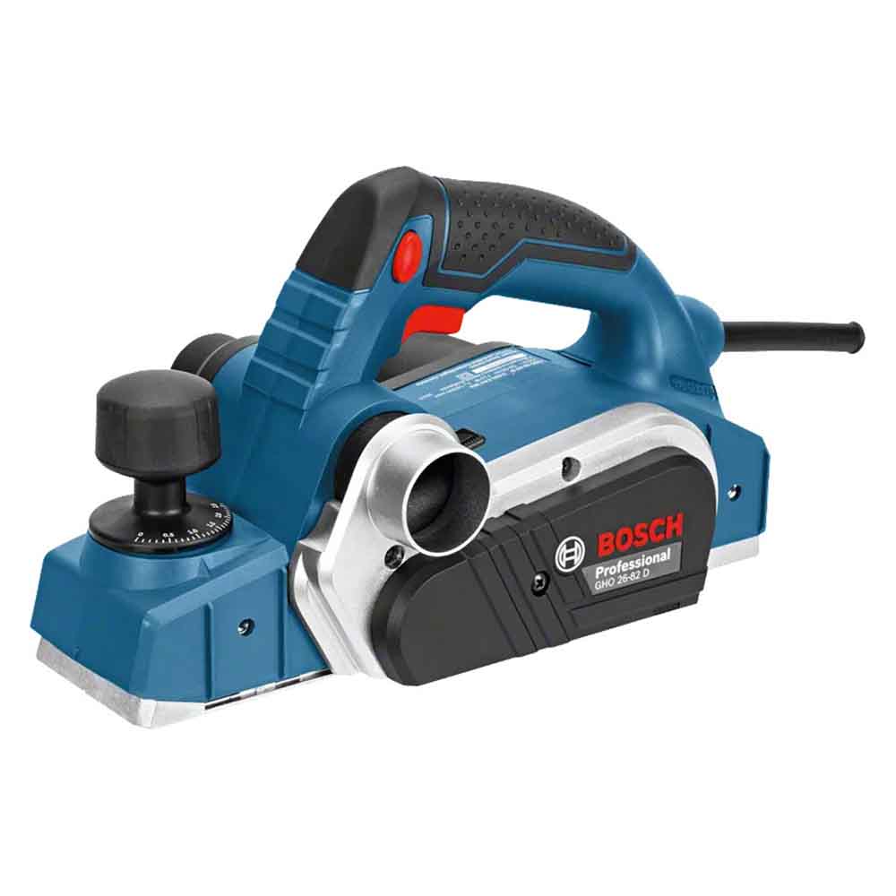 Bosch GHO 26-82D Planer, a woodworking tool with a blue and black body, featuring a black handle and a metallic planing surface.
