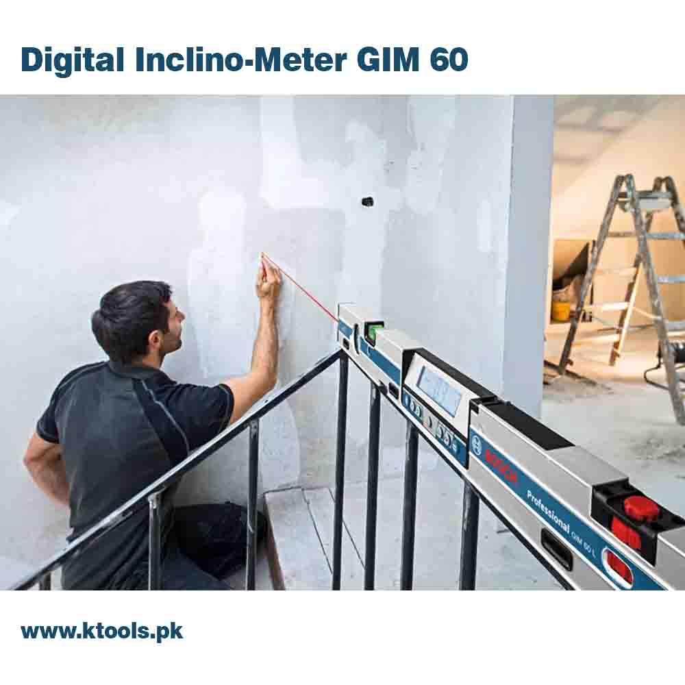 Person using a digital inclino-meter GIM 60 on a wall with a visible brand logo.