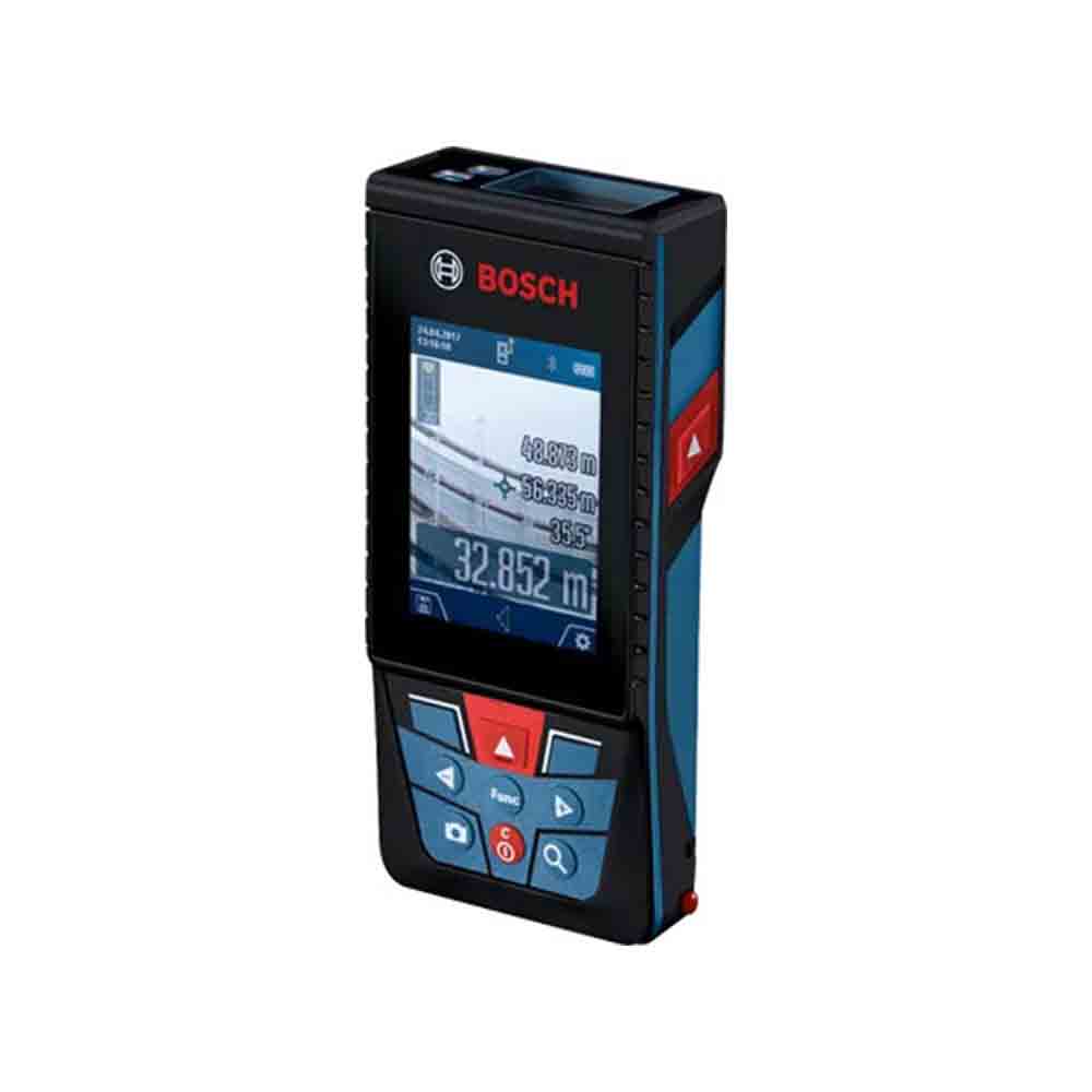Bosch laser distance meter with a digital viewfinder, buttons for operation, and a color display showing a measurement result.
