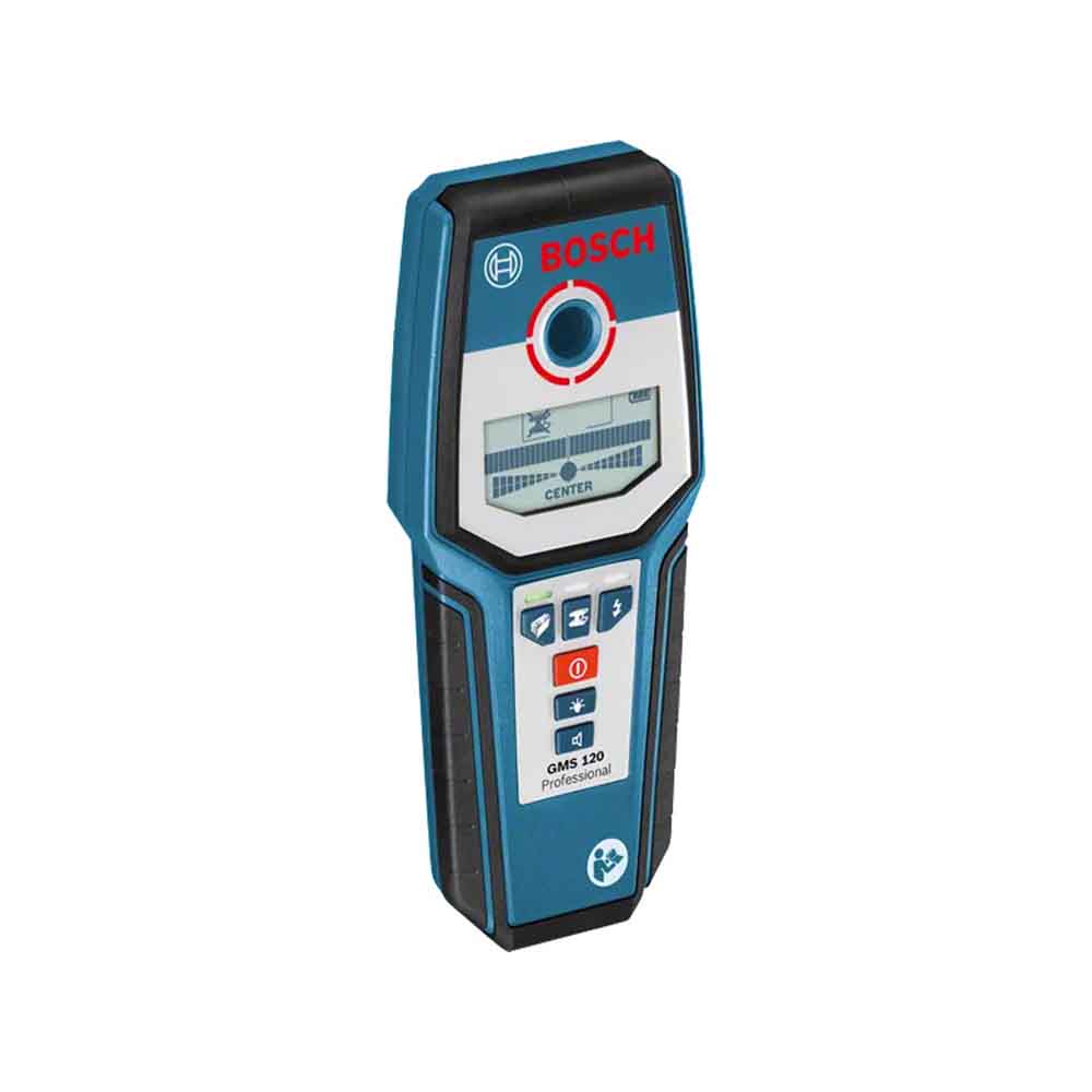 Bosch GMS 120 metal detector in blue color with a digital display and various control buttons.