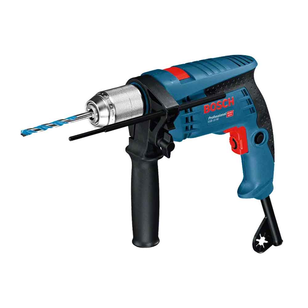 Bosch GSB 13 RE Impact Drill, 600W, with a blue and black color scheme, featuring a bit holder and a chuck.