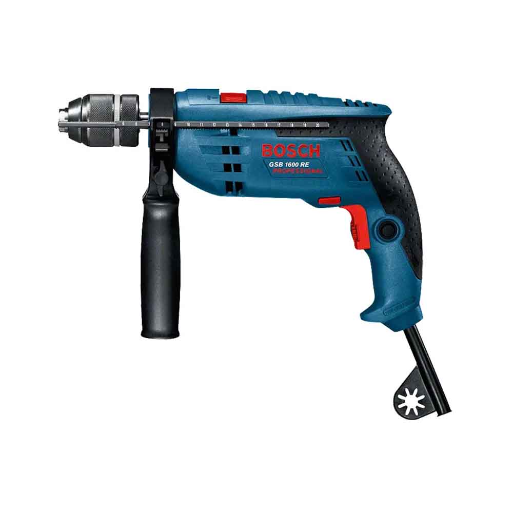 Bosch GSB 16 RE Impact Drill with a blue, black, and red color scheme, featuring a brushless motor and a ergonomic handle.