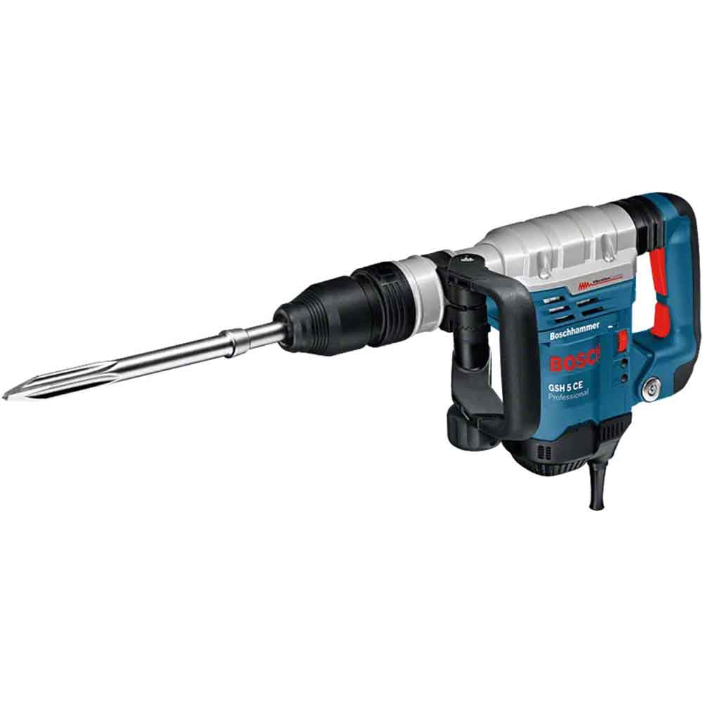 Bosch GSH 5 CE Demolition Hammer with SDS Max 1150W, predominantly blue and black in color with a metallic drill bit attached.