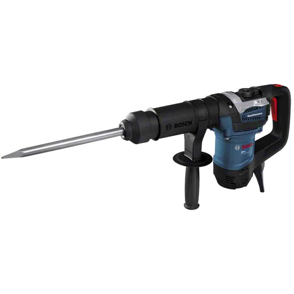 Bosch GSH 5 Demolition Hammer with SDS Max, black and blue in color with a long metal hammer tube and a rotary handle.
