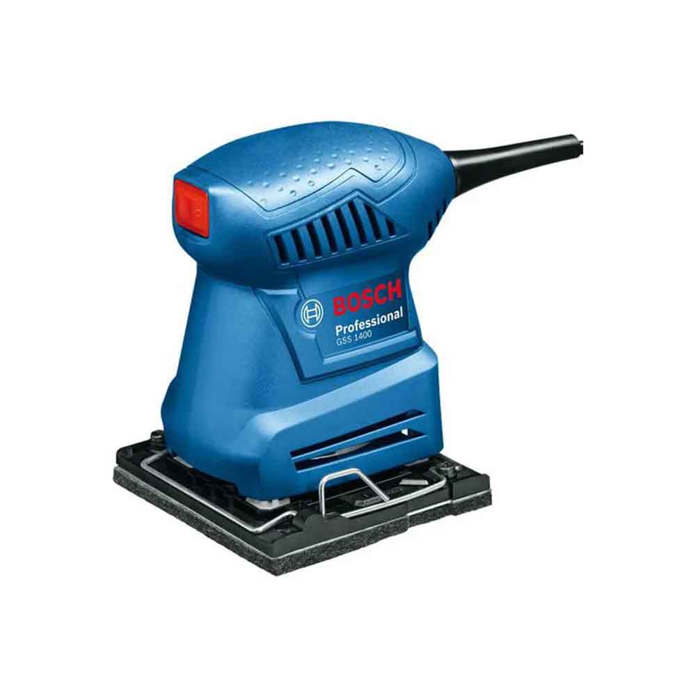 Bosch orbital sander in blue color with a metal sanding plate and a black counterweight.