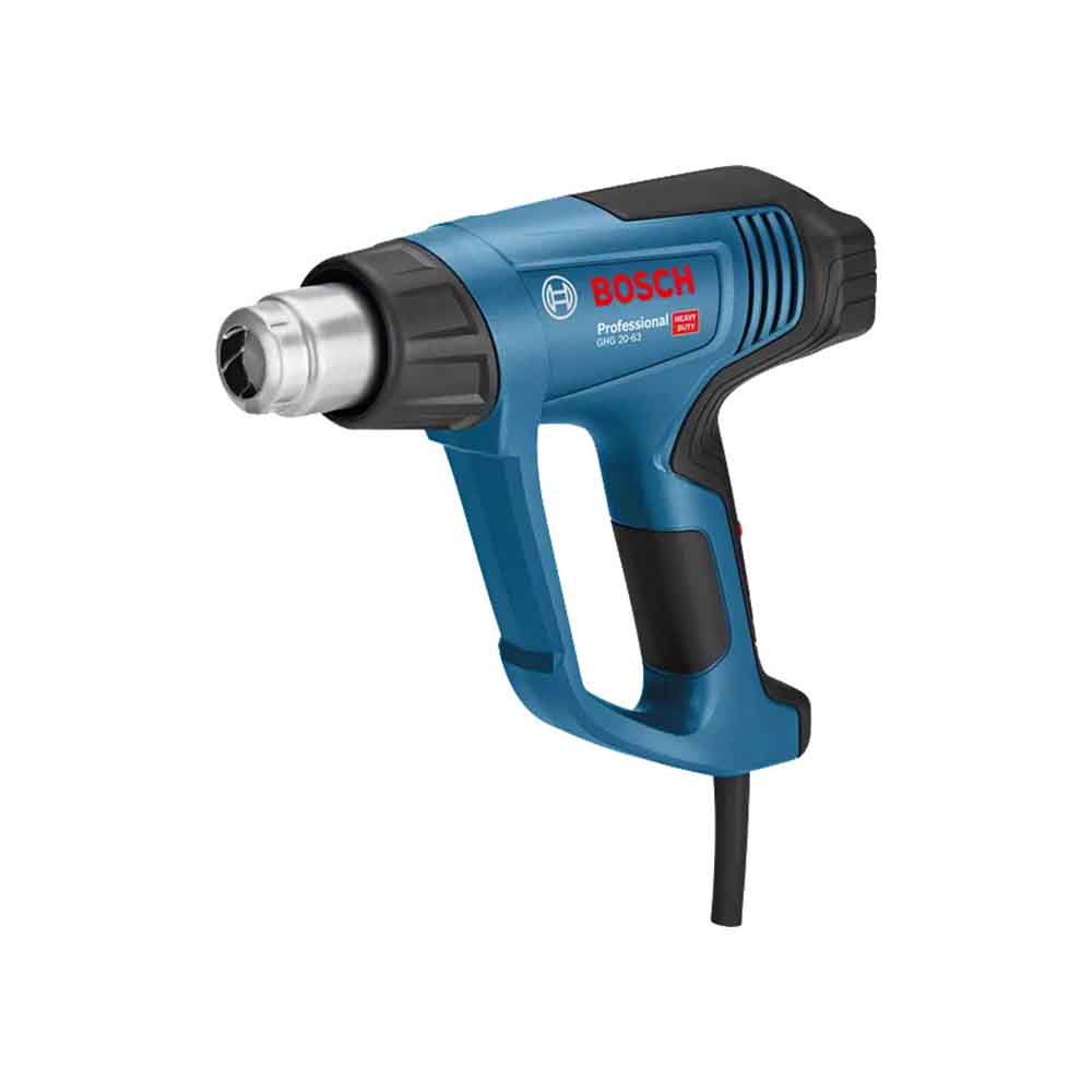 Bosch heat gun in blue color with a black grip and silver nozzle, featuring a hand-held design and power cord.
