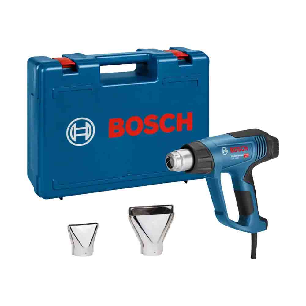 Bosch heavy-duty heat gun with a power cable, displayed alongside its blue carrying case.